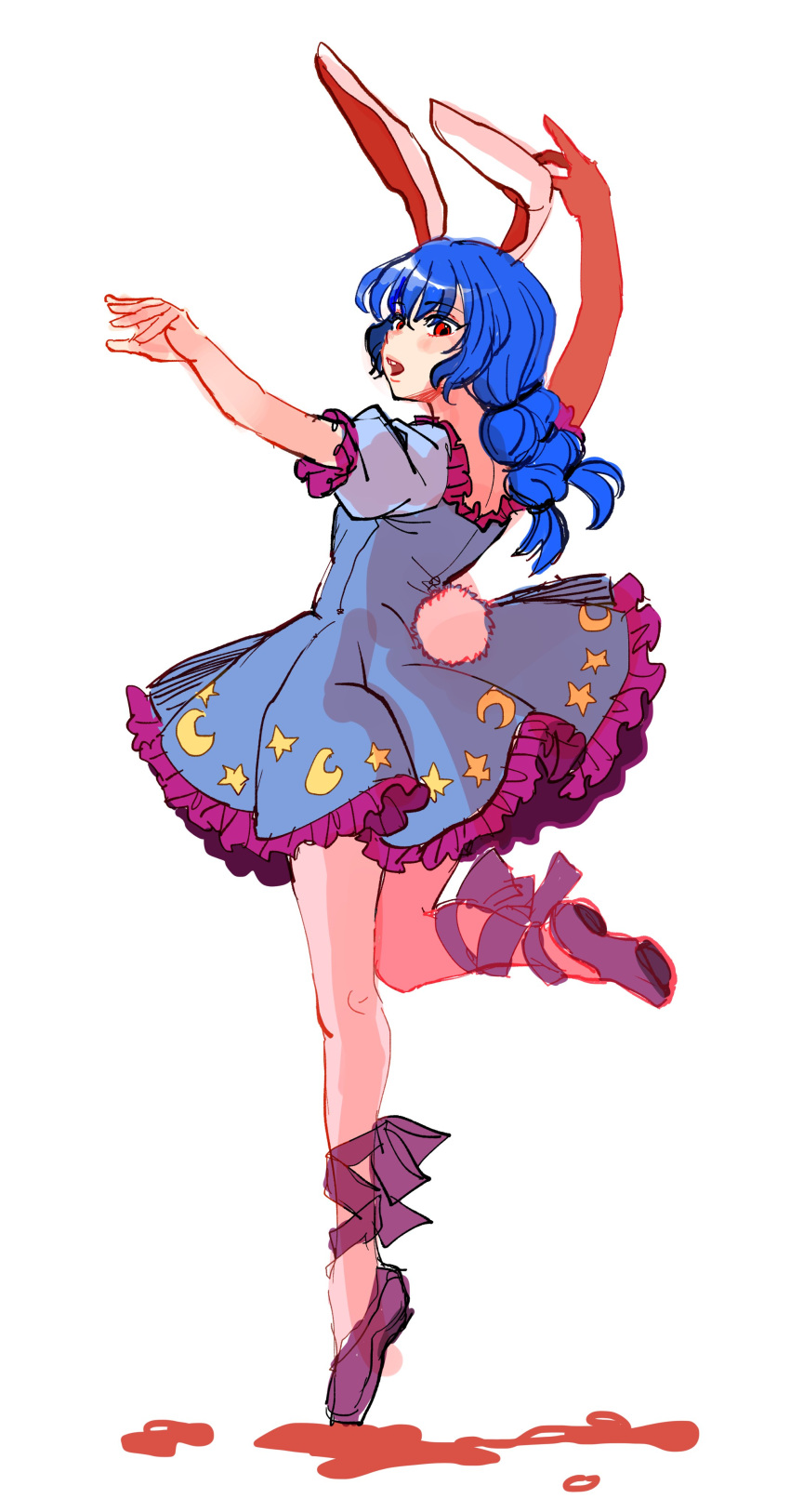 1girl absurdres ambiguous_red_liquid animal_ears arm_up blue_dress blue_hair commentary_request crescent dress frilled_dress frills full_body highres kuya_(hey36253625) leg_ribbon leg_strap leg_up long_hair moon_rabbit open_mouth pink_footwear pink_ribbon rabbit_ears rabbit_girl rabbit_tail red_eyes ribbon seiran_(touhou) simple_background star_(symbol) star_print tail tiptoes touhou white_background