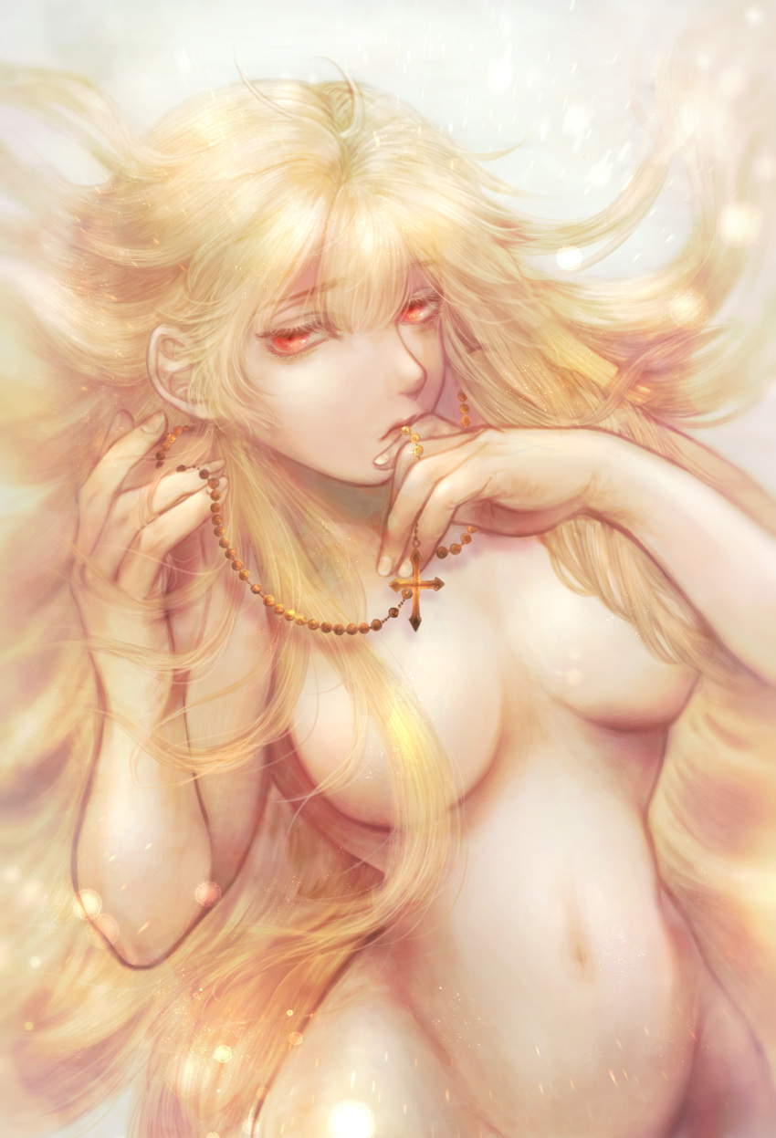 1girl absurdly_long_hair blonde_hair breasts completely_nude convenient_censoring cross expressionless floating_hair hair_between_eyes hair_censor hair_over_breasts highres jewelry jitome lips long_hair looking_to_the_side medium_breasts necklace nose nude red_eyes rosary scp-166 scp-166_(artist) scp_foundation solo upper_body very_long_hair