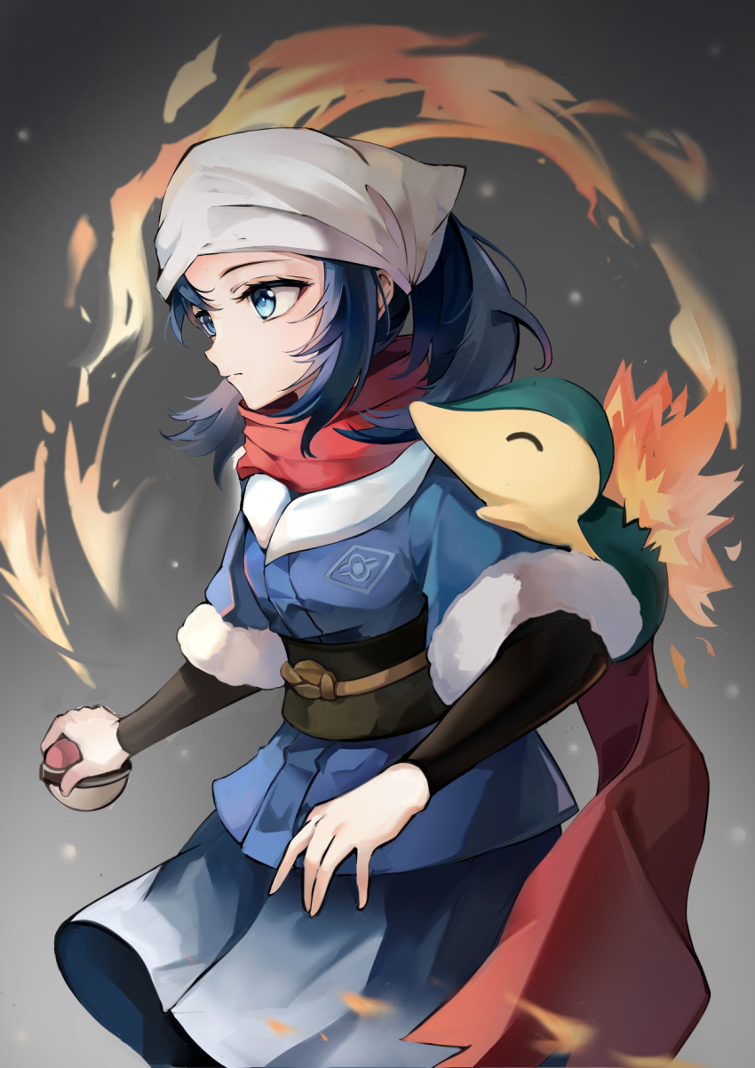 1girl akari_(pokemon) blue_eyes blue_hair blue_kimono closed_mouth commentary_request cyndaquil fire fur-trimmed_sleeves fur_trim grey_background head_scarf highres holding holding_poke_ball japanese_clothes kimono layered_sleeves long_sleeves looking_away obi poke_ball pokemon pokemon_(creature) pokemon_(game) pokemon_legends:_arceus ponytail revision sash short_over_long_sleeves short_sleeves yowamushi