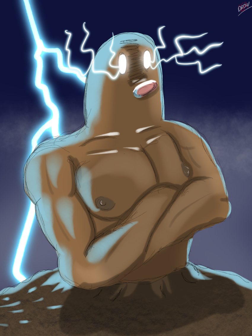 anthro areola blue_background brown_areola brown_body brown_nipples crossed_arms diglett dirt electricity glowing glowing_eyes hi_res lightning lightning_bolt low_tier_god male meme muscular muscular_anthro muscular_male nintendo nipples pink_nose pok&eacute;mon pok&eacute;mon_(species) simple_background solo video_games white_eyes word360