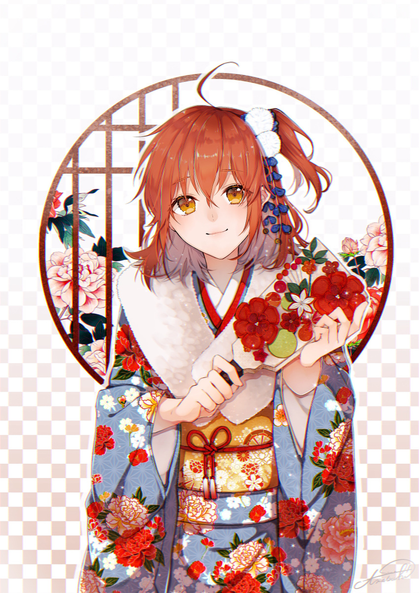 1girl absurdres ahoge bangs commentary_request duplicate eyebrows_visible_through_hair fate/grand_order fate_(series) floral_print flower fujimaru_ritsuka_(female) fujimaru_ritsuka_(female)_(ceremonial_new_year) fur_trim furisode hagoita hair_ornament highres holding japanese_clothes kimono long_hair long_sleeves looking_at_viewer new_year obi one_side_up orange_hair paddle pixel-perfect_duplicate sash signature smile solo suna_co upper_body wide_sleeves yellow_eyes