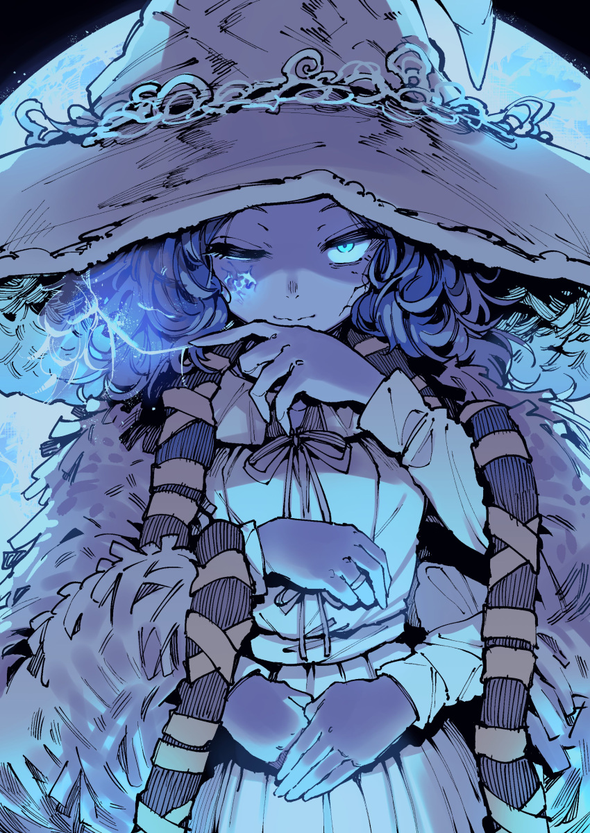 1girl absurdres blue_eyes blue_hair blue_skin closed_mouth colored_skin dress elden_ring extra_arms fur_coat hat highres jewelry karasu_raven long_hair long_sleeves looking_at_viewer one_eye_closed ranni_the_witch ring solo witch_hat