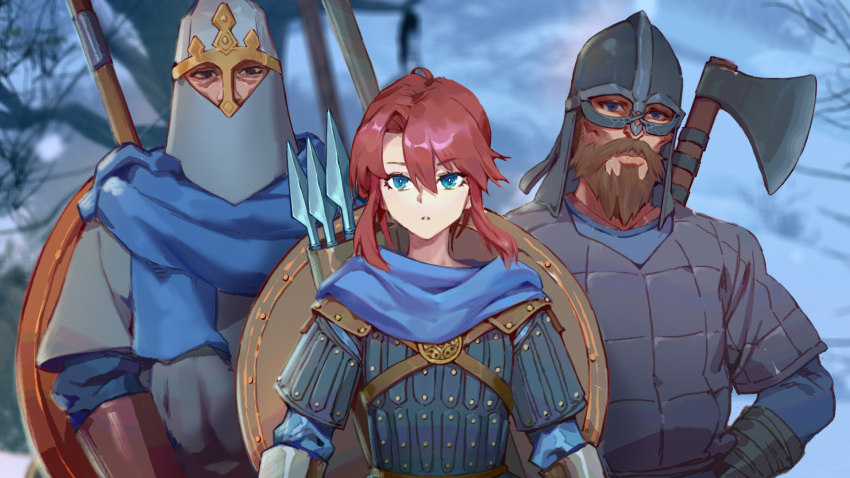 1girl 2boys armor axe bangs beard blue_eyes blue_scarf facial_hair gauntlets gongxiao_zao helmet highres long_hair mount_&amp;_blade multiple_boys open_mouth outdoors polearm red_hair scarf shield spear viking warrior weapon