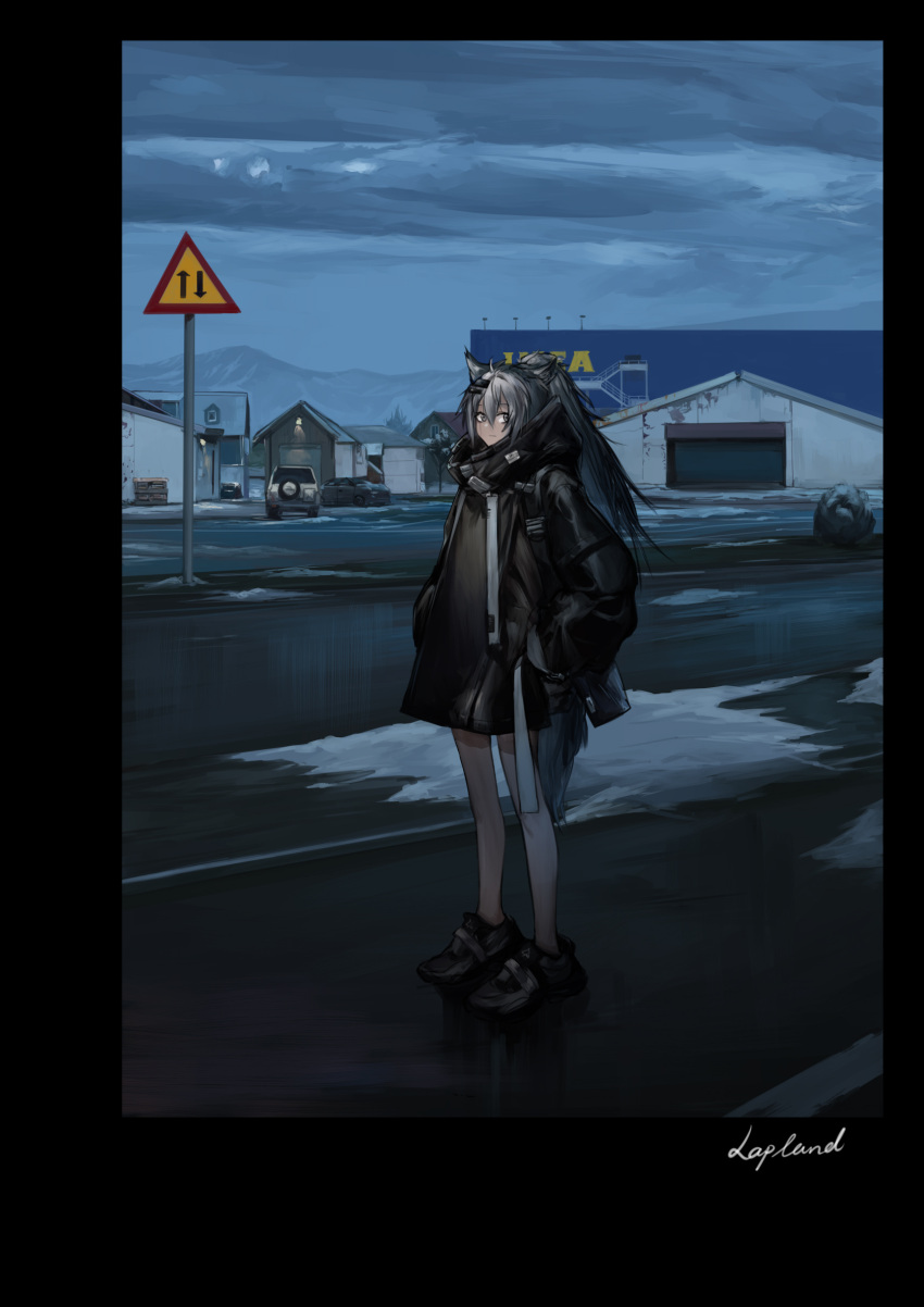 1girl animal_ear_fluff animal_ears arknights bangs black_border black_footwear black_jacket border building car character_name cloud cloudy_sky commentary_request day eyebrows_visible_through_hair grey_eyes grey_hair ground_vehicle hair_between_eyes hair_ornament hairclip hands_in_pockets high_collar highres ikea jacket kuroinu9 lappland_(arknights) long_hair long_sleeves motor_vehicle mountain outdoors ponytail puffy_long_sleeves puffy_sleeves road road_sign shoes sign sky snow solo standing street sweden tail window