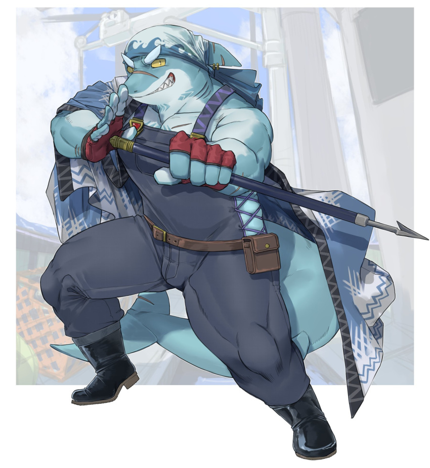 anthro bandanna biceps boots clothing fish footwear harpoon harpoon_gun hi_res isaribi kerchief kzy_r9877 lifewonders live-a-hero male marine melee_weapon muscular muscular_anthro muscular_male overalls pecs polearm scar shark solo spear video_games weapon yellow_eyes