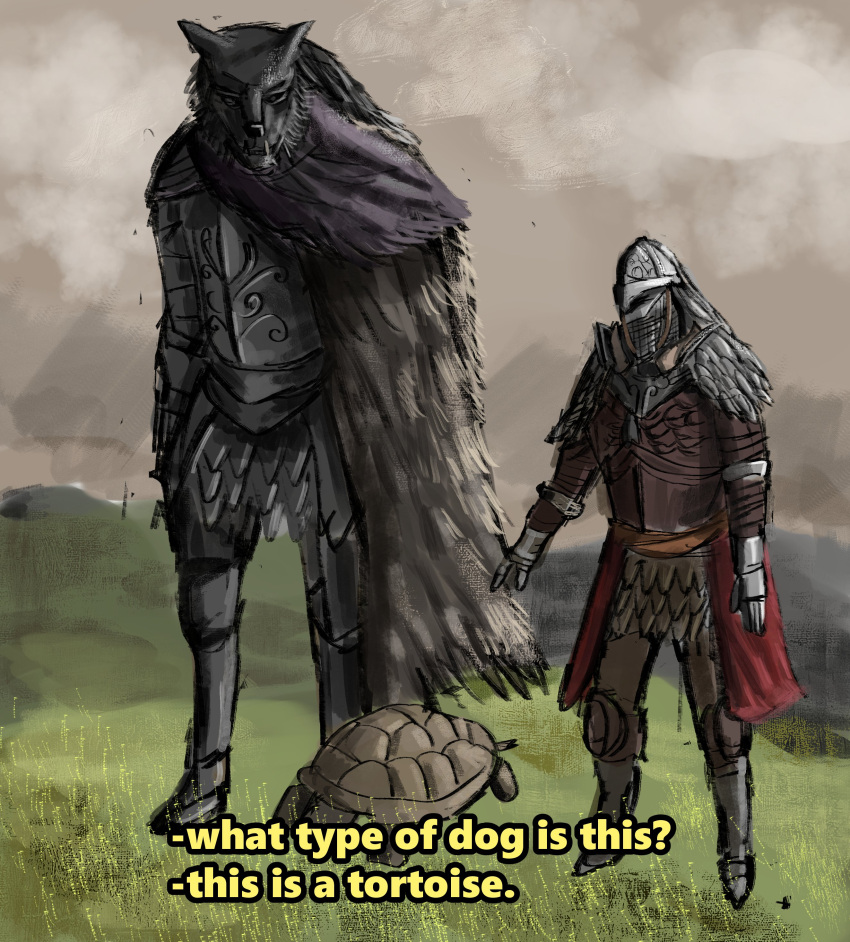 absurd_res anthro armor blaidd_(elden_ring) canid canine canis cape clothing domestic_dog duo elden_ring english_text hi_res human humor knight male mammal pixel_axel tarnished_(elden_ring) text warrior wolf