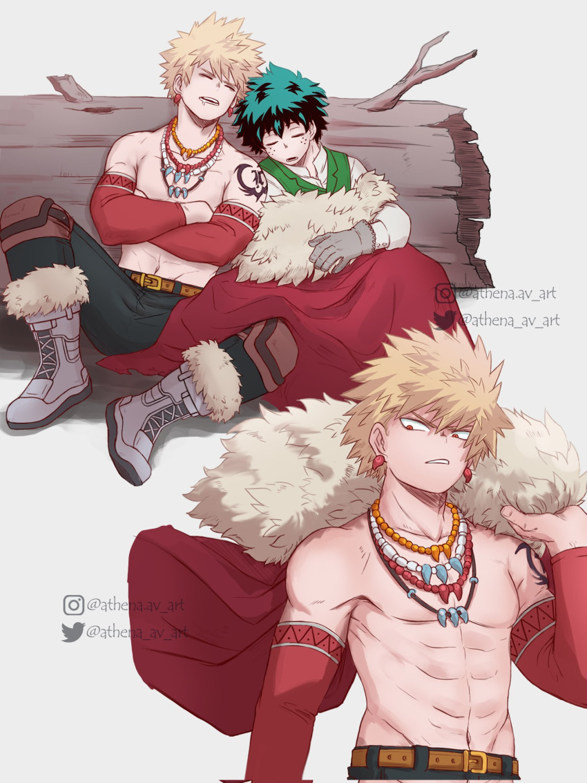 2boys abs athena_av bakugou_katsuki bare_shoulders belt black_pants blonde_hair boku_no_hero_academia boots brown_belt cape closed_eyes commentary crossed_arms drooling earrings english_commentary freckles fur-trimmed_boots fur-trimmed_cape fur_trim gloves green_hair green_vest grey_footwear grey_gloves highres holding holding_cape holding_clothes instagram_logo instagram_username jewelry log long_sleeves looking_to_the_side male_focus midoriya_izuku multiple_boys multiple_views necklace no_nipples official_alternate_costume open_mouth pants red_cape red_eyes saliva shirt short_hair shoulder_tattoo simple_background sitting sleeping spiked_hair tattoo teeth toned toned_male topless_male twitter_logo twitter_username vest white_background white_shirt