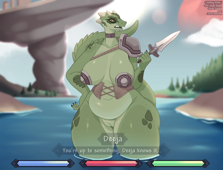 2022 absurd_res anthro argonian armor bethesda_softworks big_breasts breasts conditional_dnp dagger deeja dialogue digital_media_(artwork) english_text female genitals green_body hi_res horn inkplasm looking_at_viewer melee_weapon non-mammal_breasts pussy scales scalie skimpy_armor skyrim slightly_chubby solo text the_elder_scrolls thick_thighs video_games weapon wide_hips