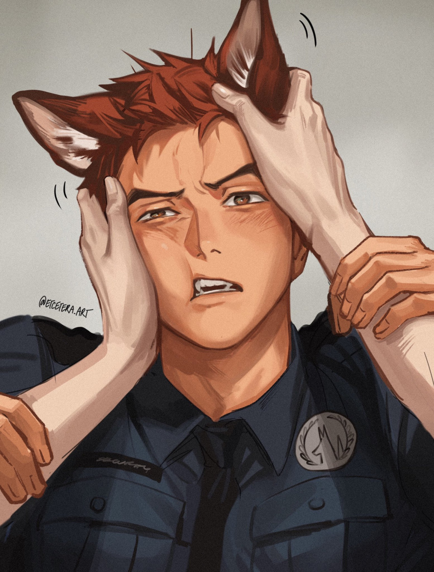 1boy animal_ears artist_name bara blush brown_eyes dog_ears etceteraart fangs hand_on_another's_head highres muscular muscular_male necktie original pectorals police police_uniform policeman red_hair rubbing thick_eyebrows uniform