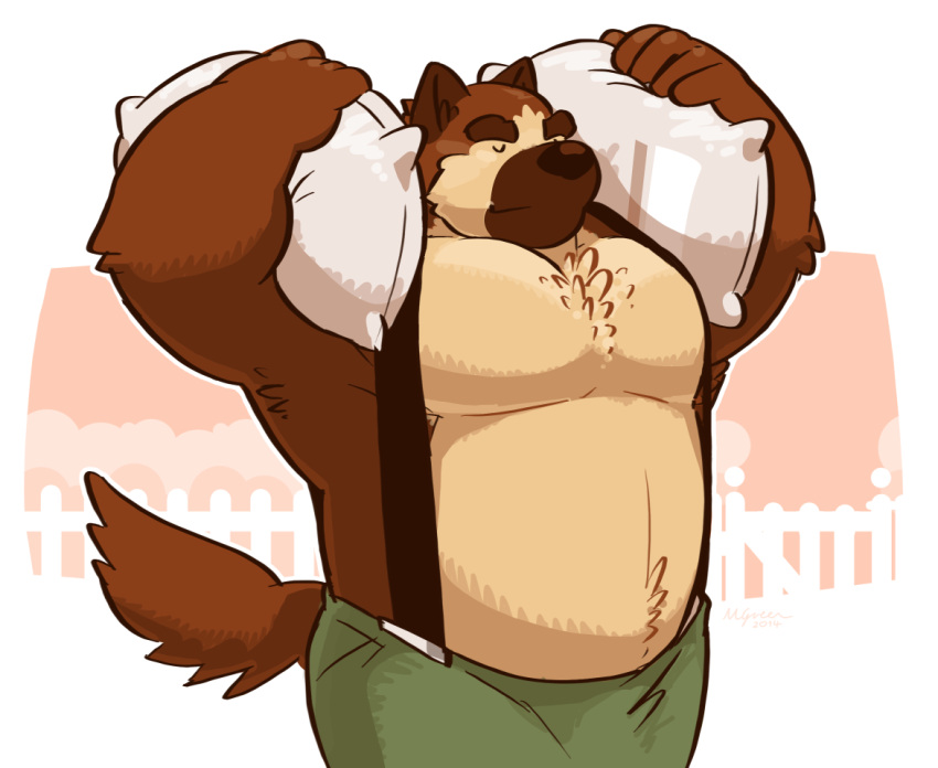 2014 anthro biped bottomwear brown_body brown_fur canid canine canis clothing domestic_dog eyes_closed fur greenendorf humanoid_hands male mammal musclegut pants solo suspenders