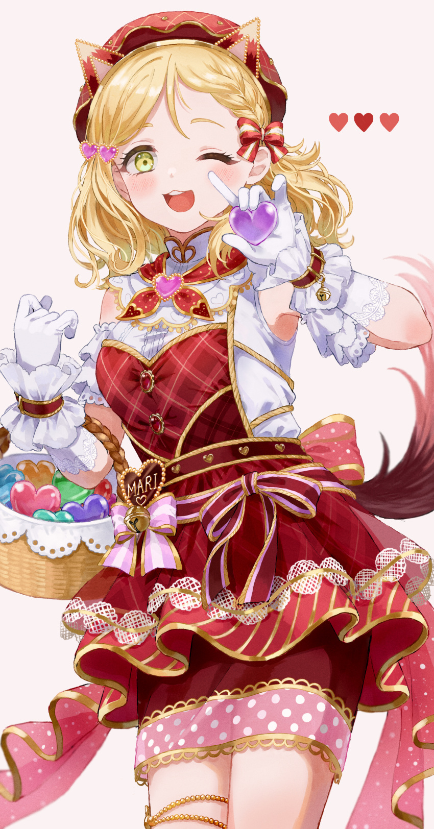 1girl \n/ absurdres animal_ears bangs basket blonde_hair braid character_name commentary_request cowboy_shot dog_ears dog_tail dress english_commentary frilled_armband gloves grey_background hair_ornament hat heart heart_hair_ornament high_collar highres holding long_hair looking_at_viewer love_live! love_live!_sunshine!! mixed-language_commentary myon_rio ohara_mari one_eye_closed open_mouth red_dress red_headwear short_dress simple_background sleeveless sleeveless_dress smile solo standing tail thigh_strap white_gloves yellow_eyes