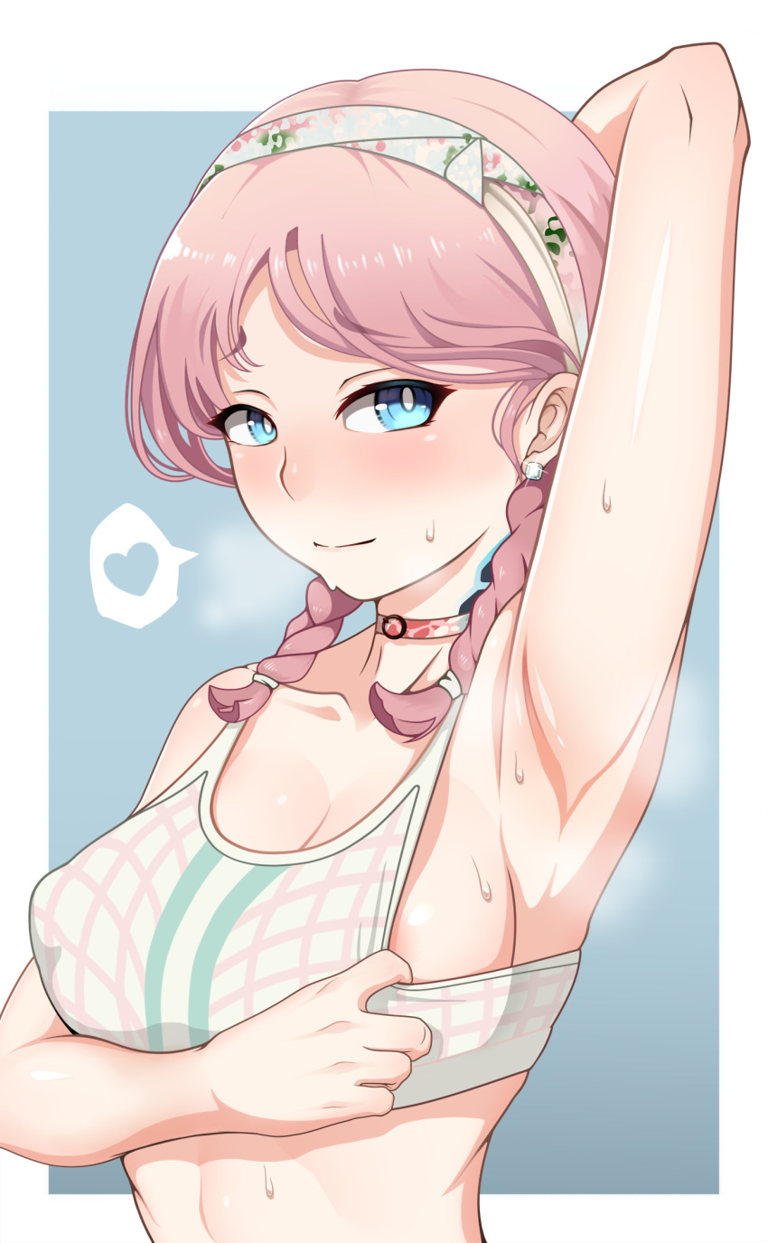 1girl arknights armpits blue_eyes blue_poison_(arknights) blue_poison_(shoal_beat)_(arknights) blush braid breasts choker closed_mouth collarbone heart highres jwthor looking_at_viewer medium_breasts o-ring o-ring_choker official_alternate_costume pink_choker pink_hair pink_sports_bra presenting_armpit short_hair smile solo spaghetti_strap speech_bubble spoken_heart sports_bra sweat twin_braids upper_body white_sports_bra