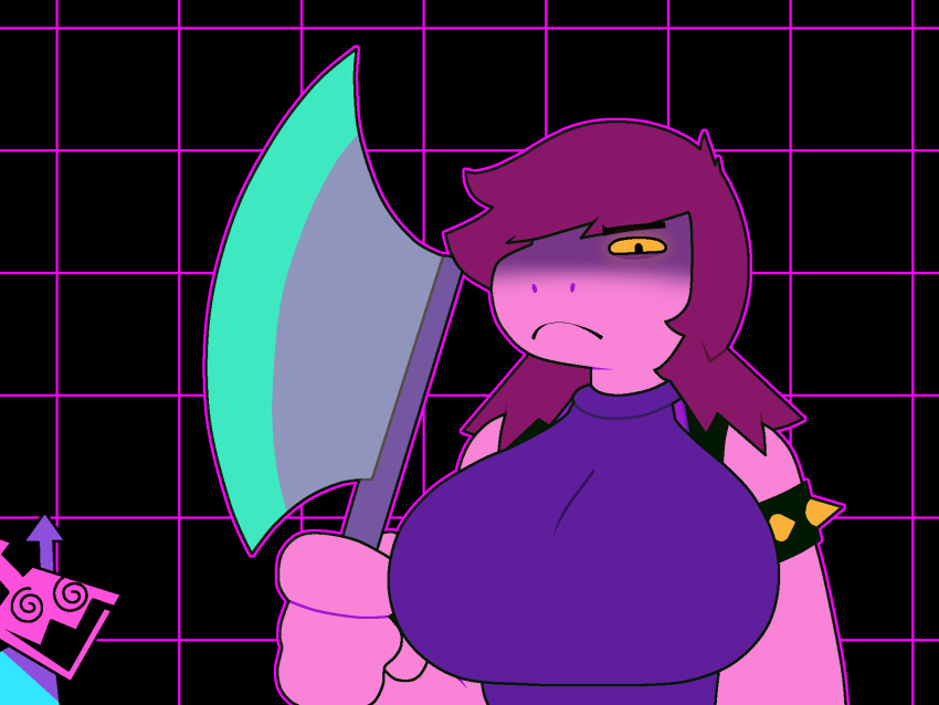 anthro axe big_breasts breasts deltarune disturbed female hair hi_res melee_weapon one_eye_obstructed pink_body purple_hair reptile scalie simple_background skel solo susie_(deltarune) turtleneck undertale_(series) upper_body video_games weapon
