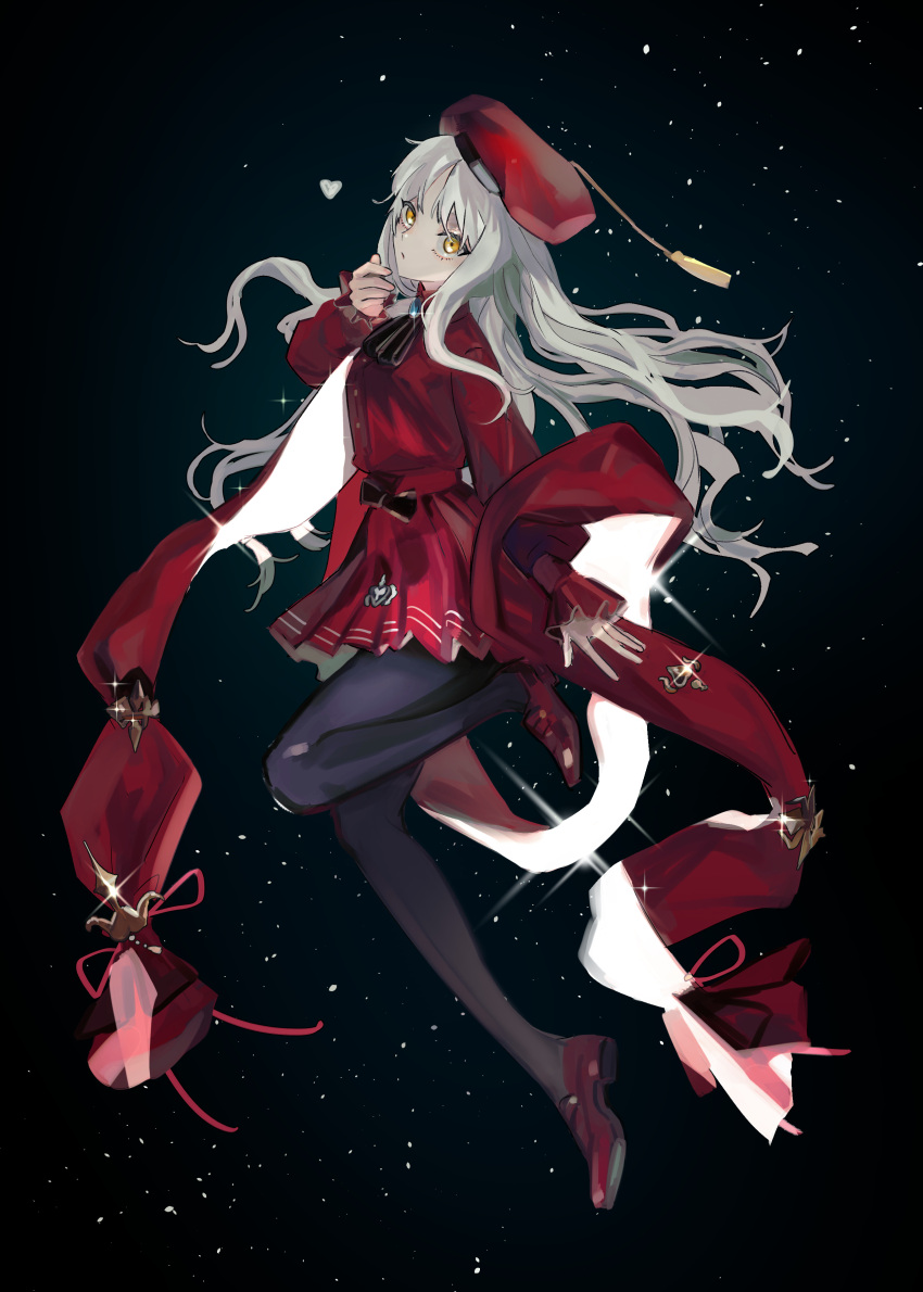 1girl absurdres bangs beret black_legwear breasts brooch caren_hortensia caren_hortensia_(amor_caren) commentary_request dress fate/grand_order fate_(series) full_body grey_hair hat heart heart_hands highres jewelry kitou_saji light_particles long_hair long_sleeves looking_at_viewer looking_to_the_side medium_breasts neck_ribbon pantyhose red_dress red_footwear red_headwear ribbon shoes shroud_of_magdalene silver_hair solo sparkle thighs wavy_hair white_hair yellow_eyes