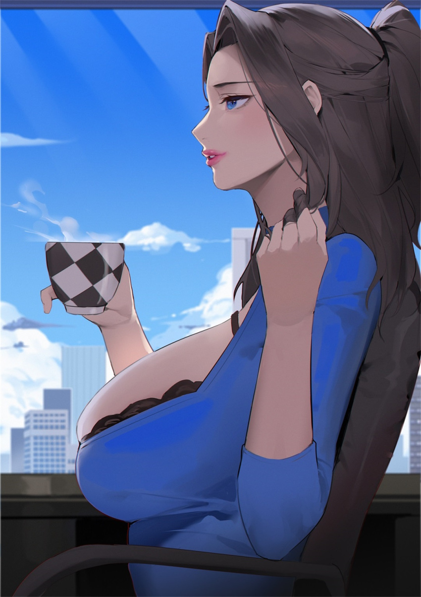 1girl alios_arvin black_bra blue_eyes blue_shirt blue_sky bra bra_peek breasts brown_hair chair cloud cup from_side hand_in_hair hand_up highres holding holding_cup huge_breasts indoors lips lipstick long_hair makeup on_chair original parted_lips ponytail red_lips reward_available shirt sitting sky solo teacup underwear window