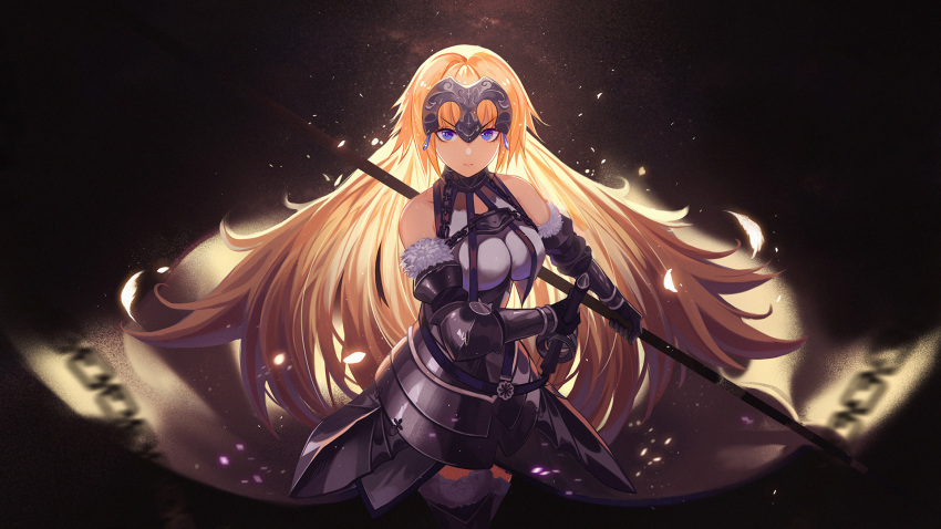 1girl armor armored_dress banner black_gloves black_legwear blonde_hair blue_eyes blurry blurry_background breasts breasts_apart closed_mouth cowboy_shot detached_sleeves dress duplicate fate/apocrypha fate/grand_order fate_(series) faulds floating_hair fur-trimmed_legwear fur-trimmed_sleeves fur_trim gloves headpiece highres holding jeanne_d'arc_(fate) jeanne_d'arc_(fate/apocrypha) large_breasts long_hair long_sleeves looking_at_viewer maoii photoshop_(medium) pixel-perfect_duplicate shiny shiny_hair sleeveless sleeveless_dress solo standing thighhighs v-shaped_eyebrows very_long_hair