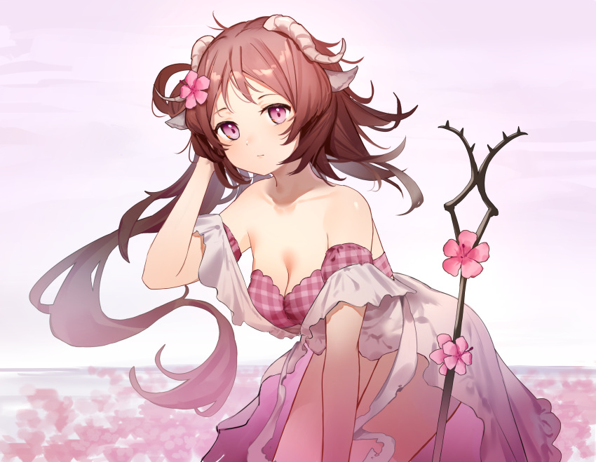 1girl animal_ears arknights backlighting bangs bare_shoulders bikini blush brown_hair closed_mouth collarbone cowboy_shot eyjafjalla_(arknights) eyjafjalla_(summer_flowers)_(arknights) flower hair_flower hair_ornament hand_in_hair hand_up highres horizon horns leaning_forward long_hair looking_at_viewer ocean official_alternate_costume parted_bangs pink_flower plaid plaid_bikini purple_bikini purple_eyes sheep_ears sheep_girl sheep_horns sky solo staff strapless strapless_bikini swimsuit very_long_hair water wazd0183