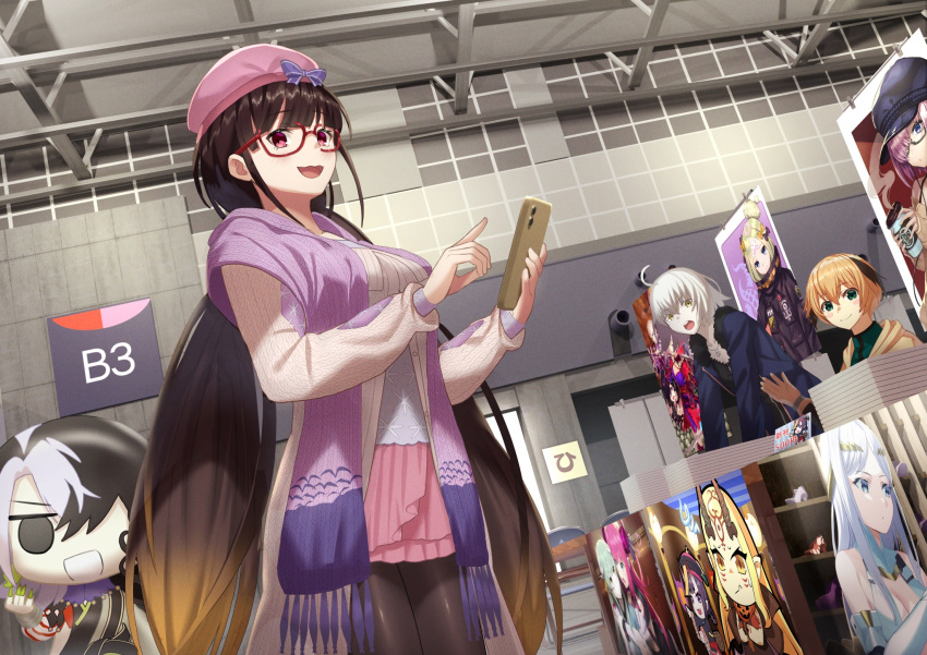 3girls abigail_williams_(fate) abigail_williams_(traveling_outfit)_(fate) ashiya_douman_(fate) beppu_mitsunaka beret bow brown_hair cellphone character_request commentary_request convention elizabeth_bathory_(fate) fate/grand_order fate_(series) gareth_(fate) gradient_hair hat hat_bow highres holding holding_phone houzouin_inshun_(fate) ibaraki_douji_(fate) indoors jeanne_d'arc_(alter)_(fate) jeanne_d'arc_(fate) kiyohime_(fate) long_hair mash_kyrielight miyamoto_musashi_(fate) mochizuki_chiyome_(fate) multicolored_hair multiple_girls osakabe-hime_(fate) pantyhose phone pink_headwear pink_skirt purple_bow purple_scarf red-framed_eyewear scarf semi-rimless_eyewear shuten_douji_(fate) skirt smartphone sweater very_long_hair