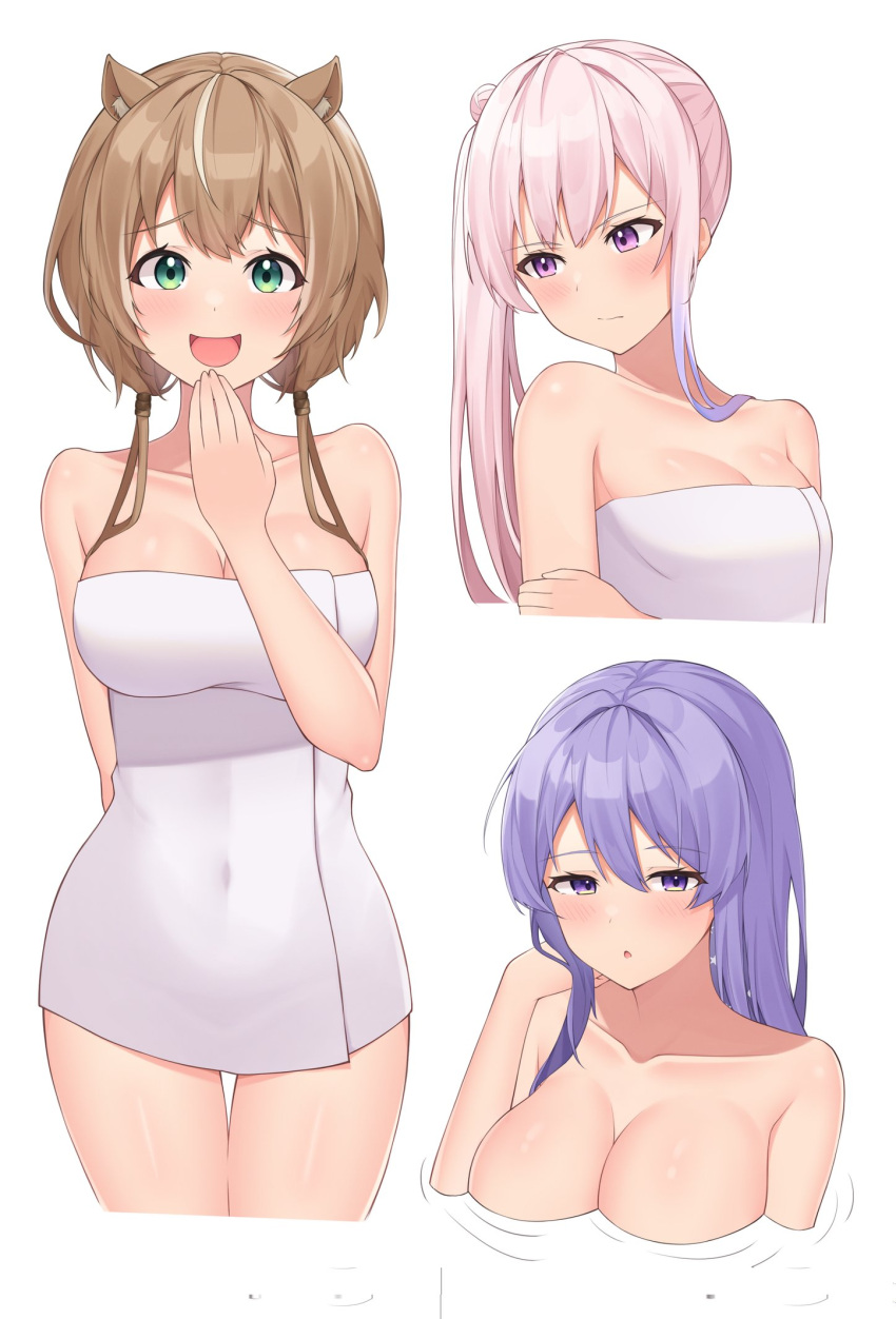 3girls :d airani_iofifteen animal_ears ayunda_risu bangs breasts cleavage closed_mouth commentary_request covered_navel cropped_legs cropped_torso eyebrows_visible_through_hair gradient_hair green_eyes hair_between_eyes highres hololive hololive_indonesia iitazu indonesian_commentary large_breasts long_hair looking_at_viewer looking_away medium_breasts moona_hoshinova multicolored_hair multiple_girls naked_towel parted_lips pink_hair purple_eyes purple_hair side_ponytail simple_background smile squirrel_ears streaked_hair thigh_gap towel virtual_youtuber white_background