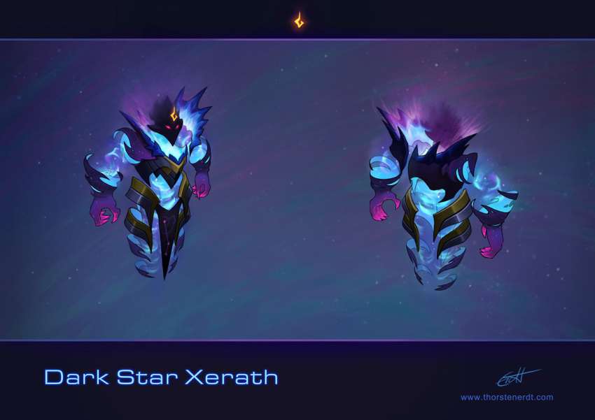 1boy armor character_name claws commentary from_behind glowing league_of_legends magic male_focus multiple_views pink_eyes signature space thorsten_erdt web_address xerath