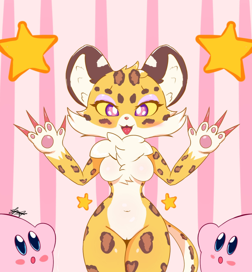 ambiguous_gender anthro blush breasts camel_toe clawroline claws felid female fluffy_ears genitals group happy hi_res kirby kirby_(series) kirby_and_the_forgotten_land leopard long_claws male male/female mammal navel neck_tuft nintendo nintendo_switch pantherine pixyfox23 pussy simple_background smile solo tuft video_games