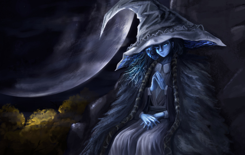 1girl absurdres blue_eyes blue_skin cape closed_mouth colored_skin elden_ring extra_arms feet_out_of_frame fingers_together full_moon fur_cape hat highres kean_gindesgaard long_hair looking_at_viewer moon night one_eye_closed outdoors ranni_the_witch sitting solo witch witch_hat