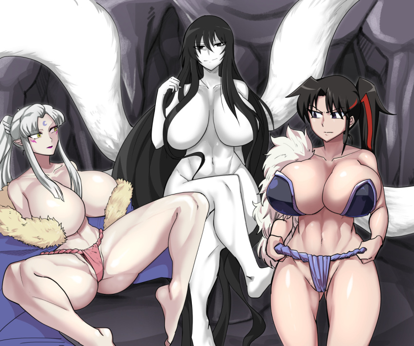 3girls armor bangs black_eyes black_hair bow breasts crescent crossover facial_mark forehead_mark fox_tail grandmother_and_granddaughter hagoromo_gitsune hair_bow han'you_no_yashahime hotsaurus inuyasha japanese_clothes kimono large_breasts long_hair multicolored_hair multiple_girls multiple_tails naginata nude nurarihyon_no_mago pale_skin pointy_ears polearm ponytail red_hair sesshoumaru's_mother setsuna_(inuyasha) silver_hair smile streaked_hair tail thighhighs twintails very_long_hair weapon white_hair yellow_eyes
