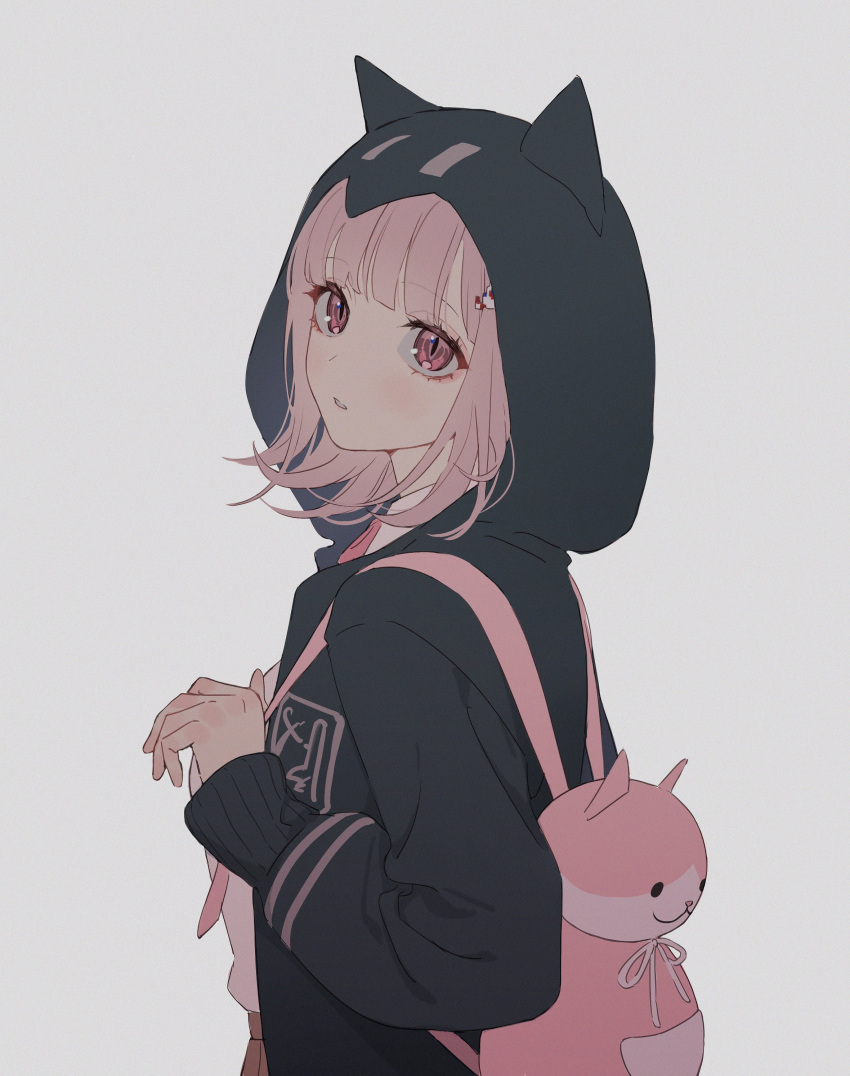 1girl absurdres animal_bag animal_ears backpack bag bangs black_jacket brown_skirt cat_bag danganronpa_(series) danganronpa_2:_goodbye_despair eyebrows_visible_through_hair fake_animal_ears from_side galaga grey_background hair_ornament highres hood hood_up hooded_jacket io_(sinking=carousel) jacket long_sleeves medium_hair nanami_chiaki parted_lips pink_bag pink_eyes pink_hair shirt shirt_tucked_in simple_background skirt slit_pupils white_shirt