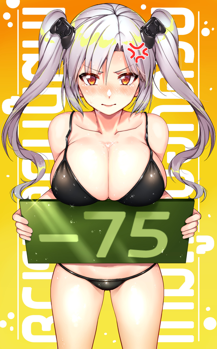 1girl absurdres anger_vein bangs bikini black_bikini blush breasts cleavage closed_mouth collarbone commentary_request controller controller_hair_ornament game_controller hair_ornament highres holding holding_sign large_breasts long_hair looking_at_viewer nose_blush sign solo standing steam_(platform) swimsuit twintails water_drop wet white_hair yakimi_27 yellow_eyes