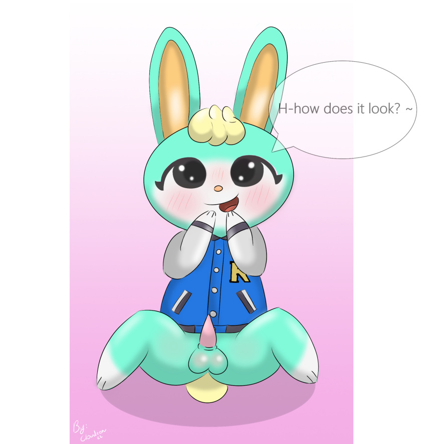 absurd_res animal_crossing animal_genitalia animal_penis balls blonde_hair blush clothed clothing cloudeonn digital_media_(artwork) erection fur genitals green_body green_fur hair hi_res lagomorph leporid looking_at_viewer male mammal nintendo nude open_mouth penis rabbit sasha_(animal_crossing) simple_background smile solo topwear video_games