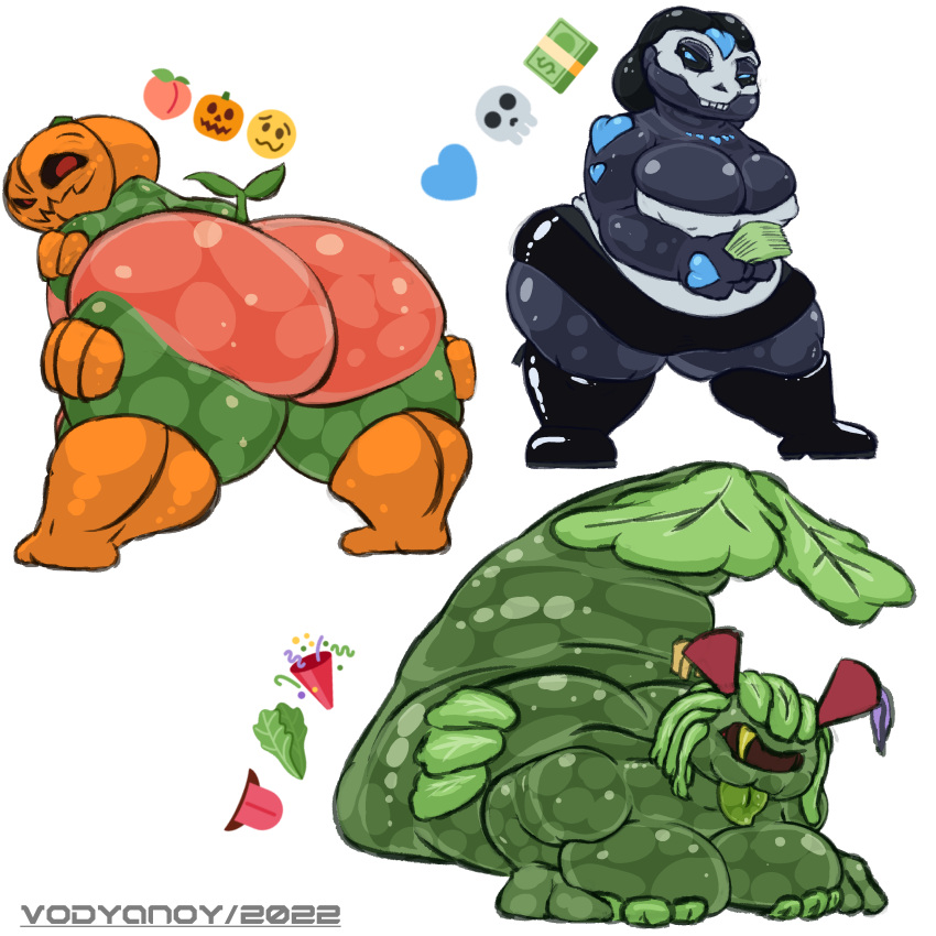 absurd_res anthro big_breasts big_butt bone breasts butt cyclops emoji female food fruit goo_creature group hi_res humanoid monster overweight plant pumpkin skull slime thick_thighs vodyanoy5