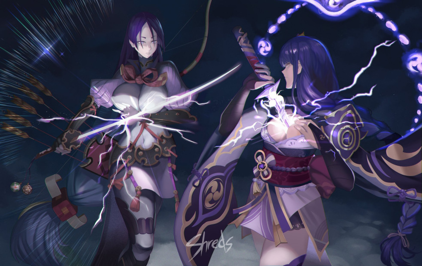 2girls bodysuit braid breasts cleavage color_connection commentary crossover electricity english_commentary fate/grand_order fate_(series) fingerless_gloves genshin_impact gloves highres holding holding_sword holding_weapon katana large_breasts long_hair looking_at_another low-tied_long_hair minamoto_no_raikou_(fate) multiple_girls musou_isshin_(genshin_impact) power_connection purple_eyes purple_hair raiden_shogun shreds_(artist) sword weapon