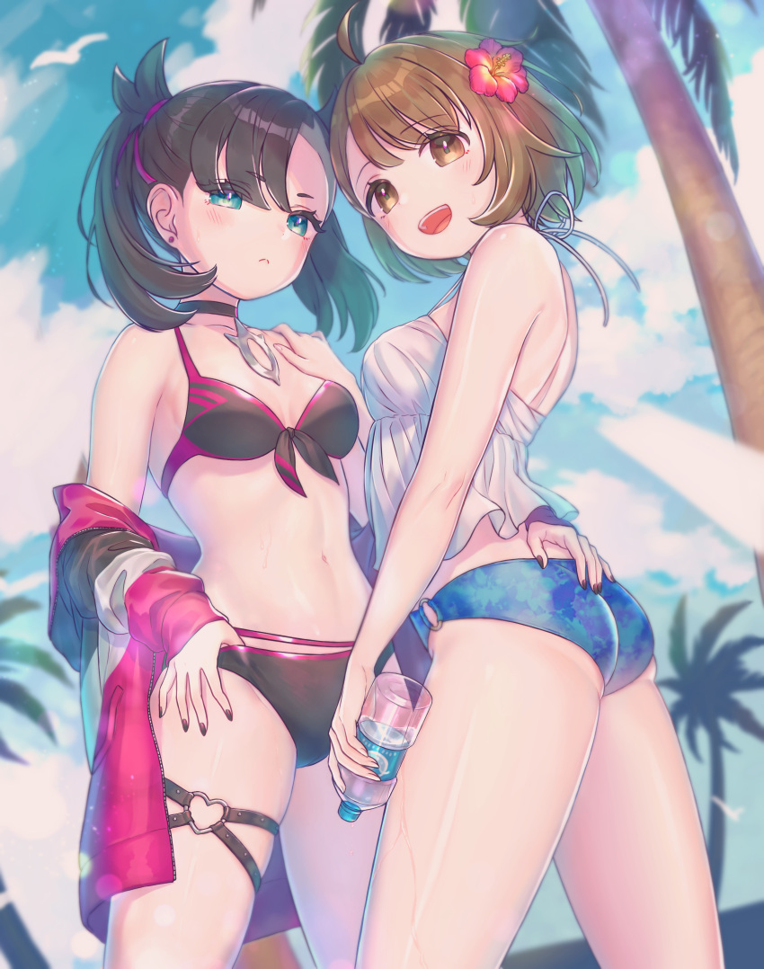 2girls :&lt; :d absurdres ahoge alternate_costume asymmetrical_bangs bangs bikini black_choker black_nails blush bob_cut bottle breasts brown_bikini brown_eyes brown_hair choker closed_mouth cloud commentary day earrings eyelashes flower from_below gloria_(pokemon) green_eyes hair_flower hair_ornament hair_ribbon hand_on_another's_shoulder heart_ring highres jewelry looking_back marnie_(pokemon) multiple_girls n2ewu nail_polish navel o-ring o-ring_bottom open_mouth outdoors palm_tree pokemon pokemon_(game) pokemon_swsh purple_ribbon ribbon sky small_breasts smile swimsuit tree water_bottle