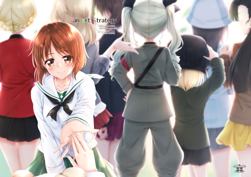 6+girls anchovy_(girls_und_panzer) anzio_military_uniform artist_name backlighting bangs belt black_hair black_headwear black_neckerchief black_ribbon black_skirt blonde_hair blouse blue_headwear blue_shirt blurry blurry_background blush boko_(girls_und_panzer) braid brown_eyes brown_hair brown_jacket chi-hatan_military_uniform circle_name commentary_request copyright cover cover_page darjeeling_(girls_und_panzer) depth_of_field doujin_cover drill_hair english_text eyebrows_visible_through_hair facing_away girls_und_panzer green_hair green_jacket green_skirt grey_jacket grey_pants grey_skirt hair_ribbon hat helmet highres holding_hands jacket katyusha_(girls_und_panzer) kay_(girls_und_panzer) keizoku_school_uniform long_hair long_sleeves looking_at_viewer medium_hair mika_(girls_und_panzer) military military_uniform mini_dang01 miniskirt multiple_girls neckerchief nishi_kinuyo nishizumi_maho nishizumi_miho ooarai_school_uniform pants pleated_skirt pov pravda_school_uniform red_jacket red_skirt ribbon sailor_collar sam_browne_belt saunders_school_uniform school_uniform serafuku shimada_arisu shirt short_hair siblings sisters skirt st._gloriana's_military_uniform standing straight_hair striped striped_shirt stuffed_animal stuffed_toy tank_helmet teddy_bear tied_hair trait_connection tulip_hat twin_braids twin_drills twintails uniform vertical-striped_shirt vertical_stripes white_blouse white_sailor_collar yellow_skirt