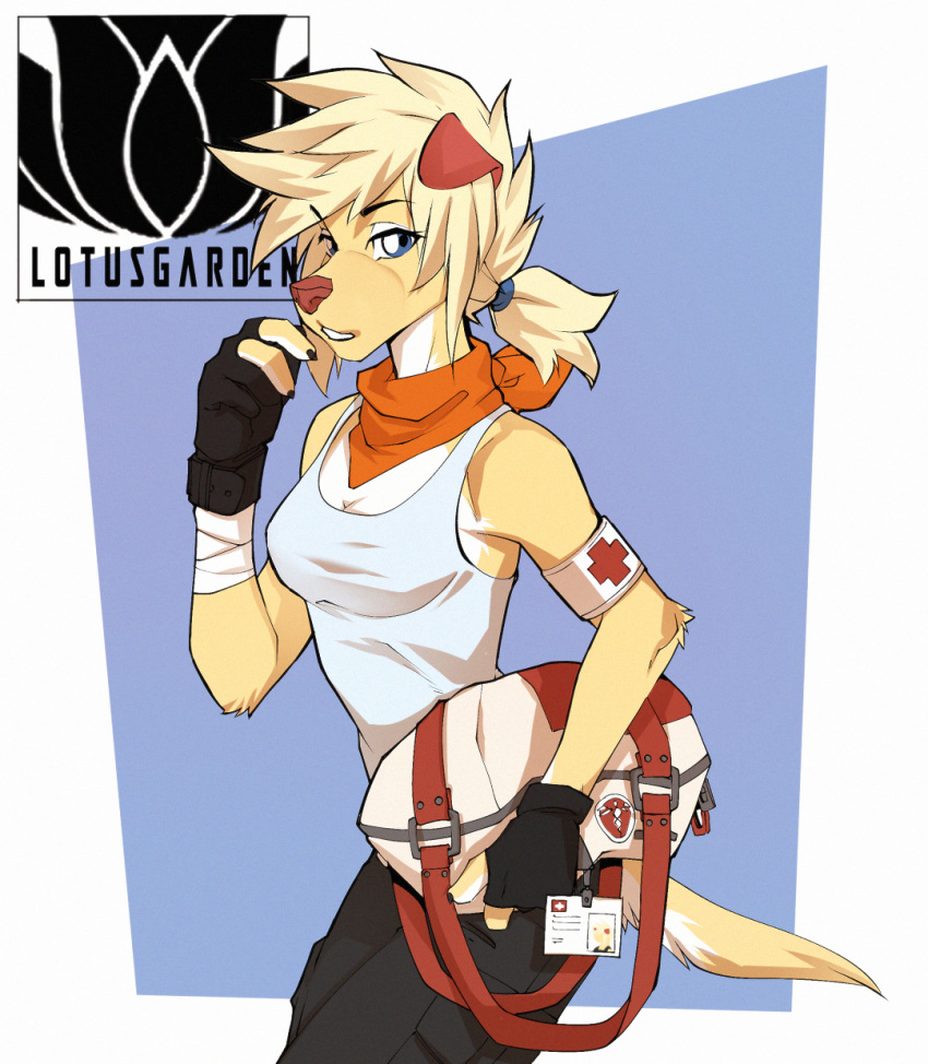 + 5_fingers anthro arm_wraps armband bag bandage bangs black_clothing black_gloves black_handwear blonde_hair blue_eyes bottomwear breasts caduceus canid canine canis clawed_fingers cleavage clothed clothing digital_media_(artwork) domestic_dog duffel_bag eyebrows female fingers floppy_ears frori fully_clothed fur gloves hair handwear hi_res id kerchief lotusgarden mammal medical_bag neckerchief orange_kerchief orange_neckerchief ponytail portrait shirt shorts simple_background solo standing tank_top three-quarter_portrait tomboy topwear white_background wraps yellow_body yellow_fur