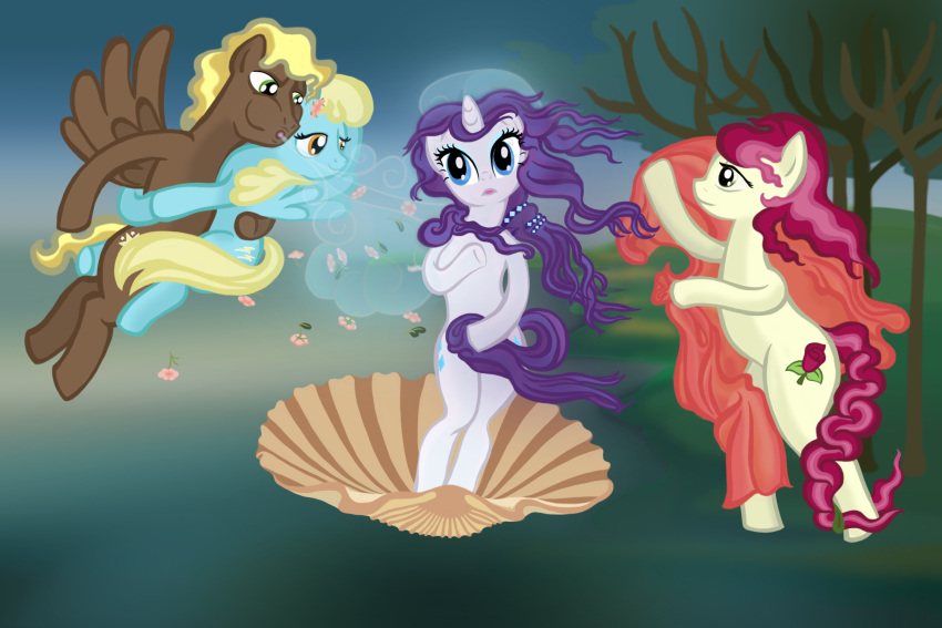 bedding birth_of_venus blanket blonde_hair compass_star_(mlp) cutie_mark detailed_background earth_pony embrace equid equine female feral flower flying friendship_is_magic front_view group hair hasbro hi_res horn horse inspired_by_formal_art male mammal my_little_pony outside pegasus plant pony pumqin purple_hair rarity_(mlp) red_hair rose_(mlp) sassaflash_(mlp) seashell shell standing tree unicorn water wind wings
