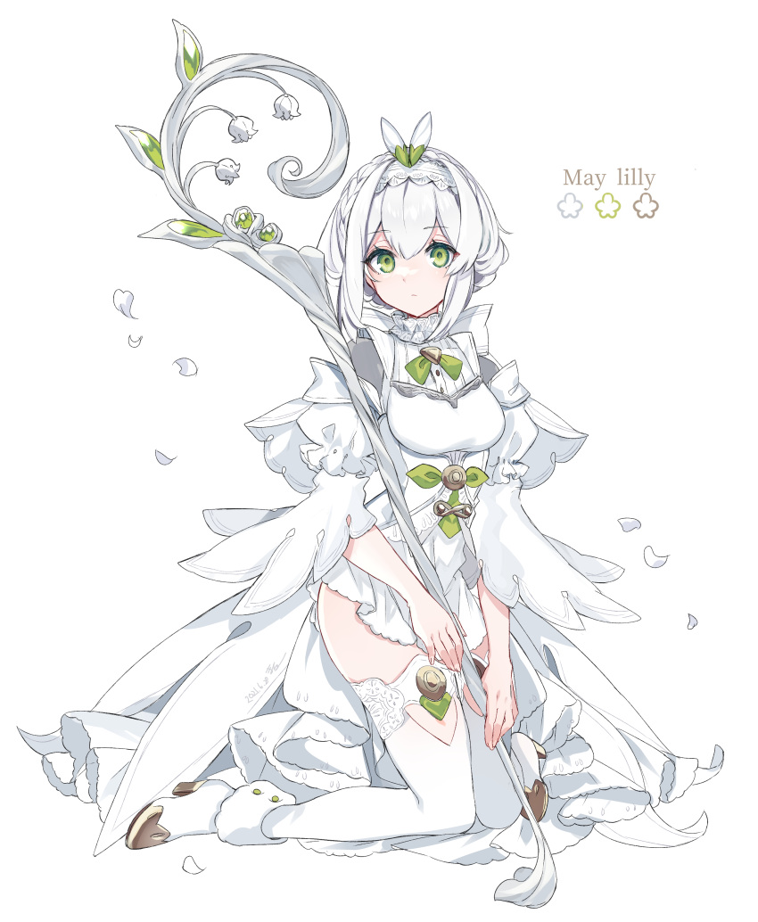 1girl absurdres bangs boots breasts closed_mouth dress flower full_body green_eyes hair_intakes highres kneeling lily_of_the_valley looking_at_viewer macchoko original petals puffy_short_sleeves puffy_sleeves short_hair short_sleeves sidelocks small_breasts solo staff thighhighs white_background white_dress white_footwear white_hair white_legwear