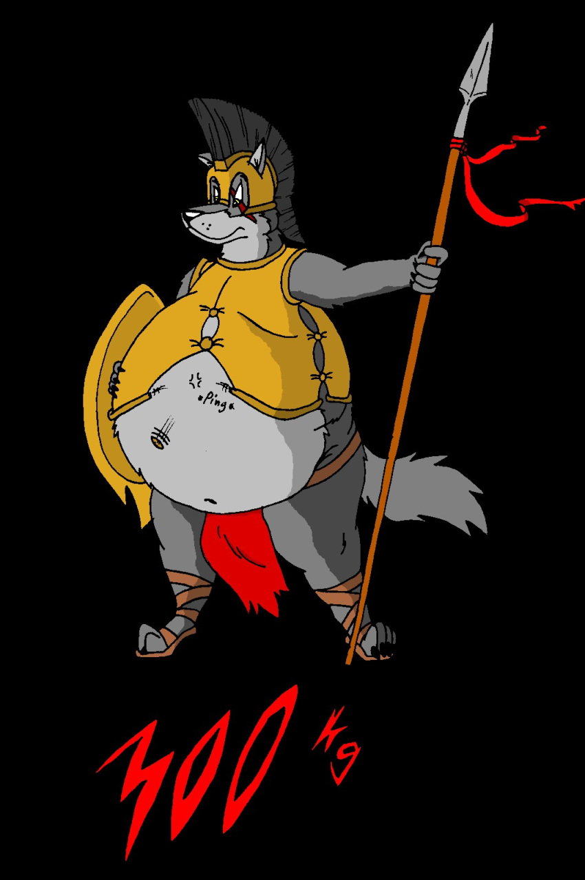 1:1 2009 300_(film) anthro armor belly big_belly black_background bottomwear button_pop canid canine canis claws clothed clothing footwear front_view hand_on_stomach headgear hector_(hectorthewolf) hectorthewolf helmet hi_res holding_object holding_spear holding_weapon loincloth looking_down male mammal melee_weapon navel number obese obese_anthro obese_male overweight overweight_anthro overweight_male parody polearm pose red_text sandals shield simple_background solo spartan_armor_(roman) spear standing text torn_clothing weapon wolf