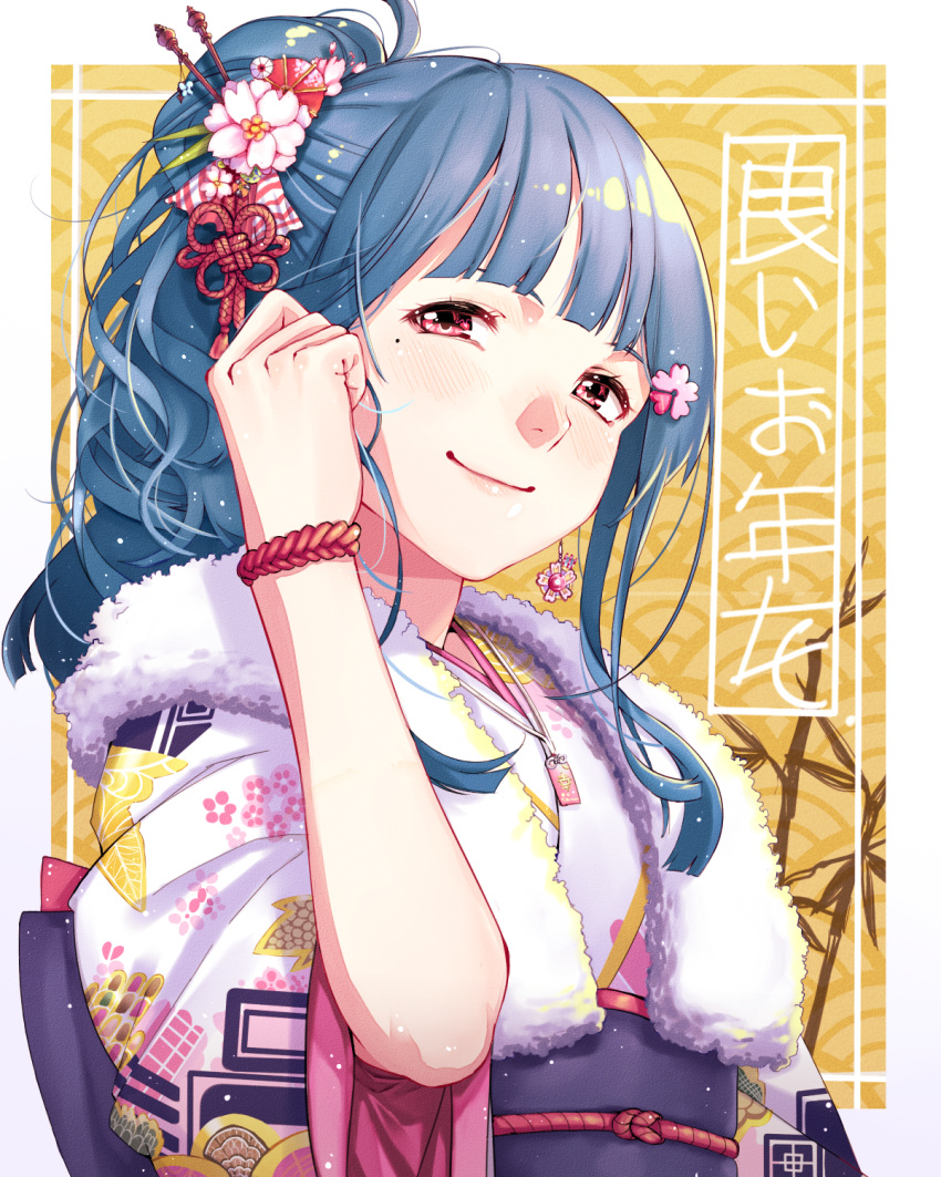 1girl bangs blue_hair blush closed_mouth commentary_request earrings floral_print flower fur_collar hair_flower hair_ornament hand_in_hair hand_up highres japanese_clothes jewelry kimono long_hair looking_at_viewer mole mole_under_eye obi pink_flower print_kimono red_eyes rope sash smile solo tendouji_musubi tokyo_7th_sisters upper_body wide_sleeves wristband yakimi_27