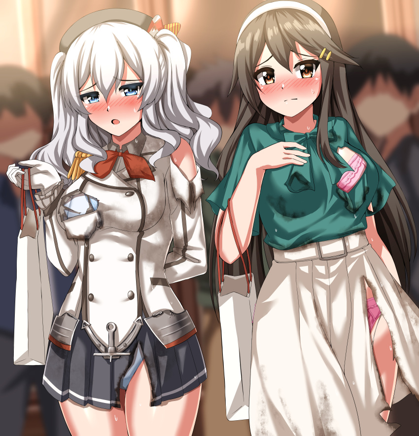 2girls 6+others absurdres bag beret black_hair black_headwear blouse blue_eyes blush bra brown_eyes buttons commentary_request commission epaulettes frilled_sleeves frills gloves green_blouse grey_skirt hair_ornament hairband hairclip haruna_(kancolle) hat highres jacket kantai_collection kashima_(kancolle) long_sleeves looking_at_viewer military military_jacket military_uniform multiple_girls multiple_others neckerchief nose_blush official_alternate_costume panties pink_bra pink_panties pleated_skirt red_neckerchief red_neckwear shopping_bag sidelocks silver_hair skirt standing torn_clothes twintails underwear uniform wavy_hair white_bra white_gloves white_hairband white_jacket white_panties white_skirt zanntetu