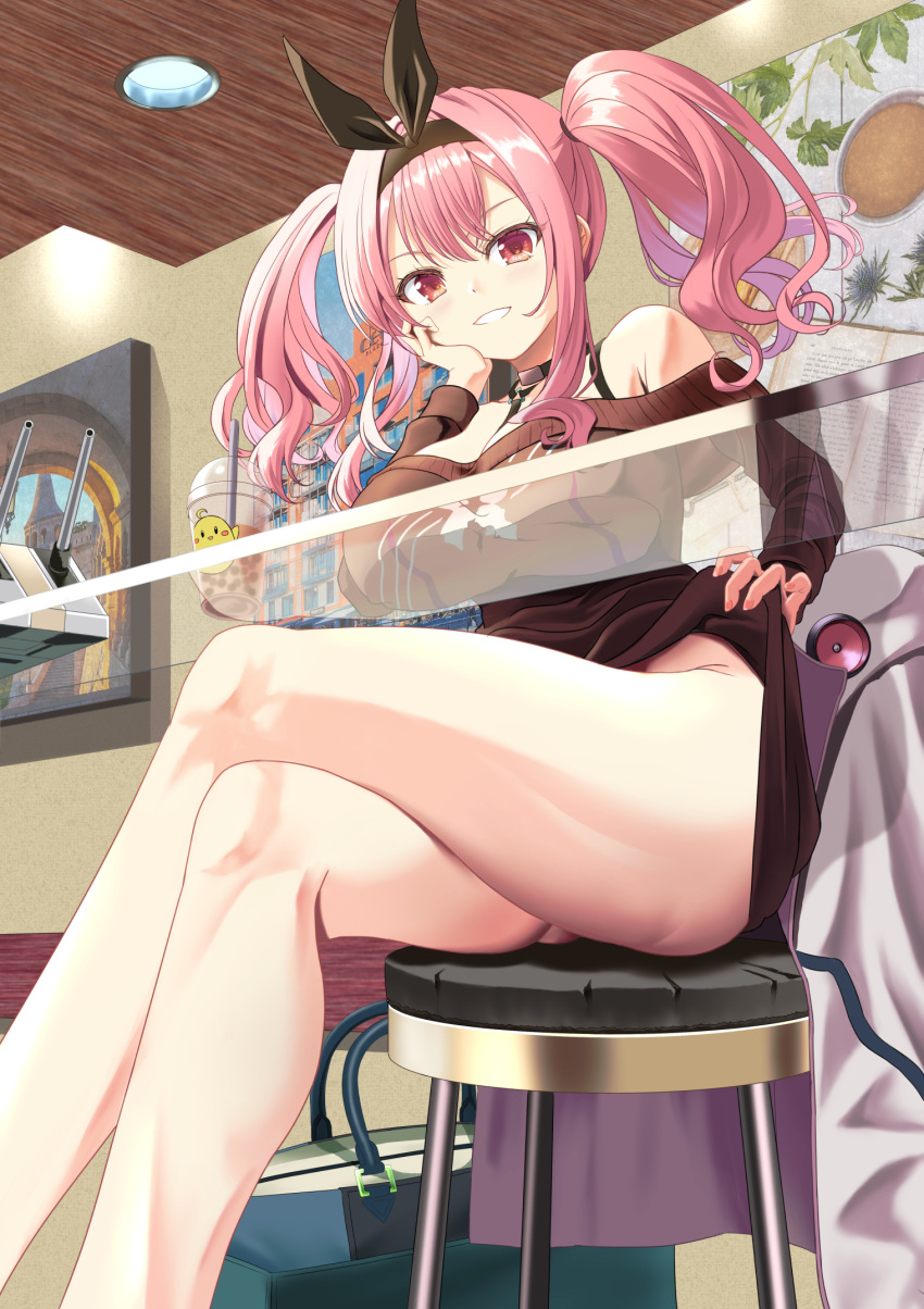 1girl ass azur_lane bare_shoulders between_breasts black_hairband breasts bremerton_(azur_lane) bremerton_(day-off_date)_(azur_lane) brown_dress brown_sweater bubble_tea clothes_lift coat coat_removed crossed_legs cup disposable_cup dress feet_out_of_frame flashing from_below glass_table hairband hand_on_own_cheek hand_on_own_face highres jacket kagura_hiromu large_breasts looking_at_viewer looking_down manjuu_(azur_lane) multicolored_hair off-shoulder_dress off-shoulder_sweater off_shoulder official_alternate_costume pink_eyes pink_hair sitting smile solo star_(symbol) star_print strap_between_breasts streaked_hair sweater sweater_dress sweater_lift table teeth two-tone_hair white_jacket