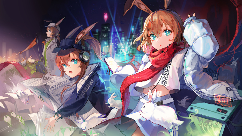 3girls absurdres amiya_(arknights) amiya_(fresh_fastener)_(arknights) amiya_(newsgirl)_(arknights) amiya_(planter)_(arknights) animal animal_ear_fluff animal_ears arknights bangs baseball_cap black_jacket blue_eyes blue_skirt blurry blurry_background brown_hair building bunny cityscape closed_mouth commentary depth_of_field earbuds earphones ears_through_headwear english_text eyebrows_visible_through_hair green_shirt hair_between_eyes happyongdal hat headphones headset heart high_ponytail highres holographic_interface jacket long_hair long_sleeves looking_at_viewer midriff_peek multiple_girls multiple_persona newspaper night night_sky open_clothes open_jacket open_mouth outdoors parted_lips pleated_skirt ponytail profile puffy_long_sleeves puffy_sleeves rabbit_ears red_scarf scarf shirt skirt sky skyscraper smile star_(sky) starry_sky symbol-only_commentary very_long_hair white_headwear white_jacket white_shirt