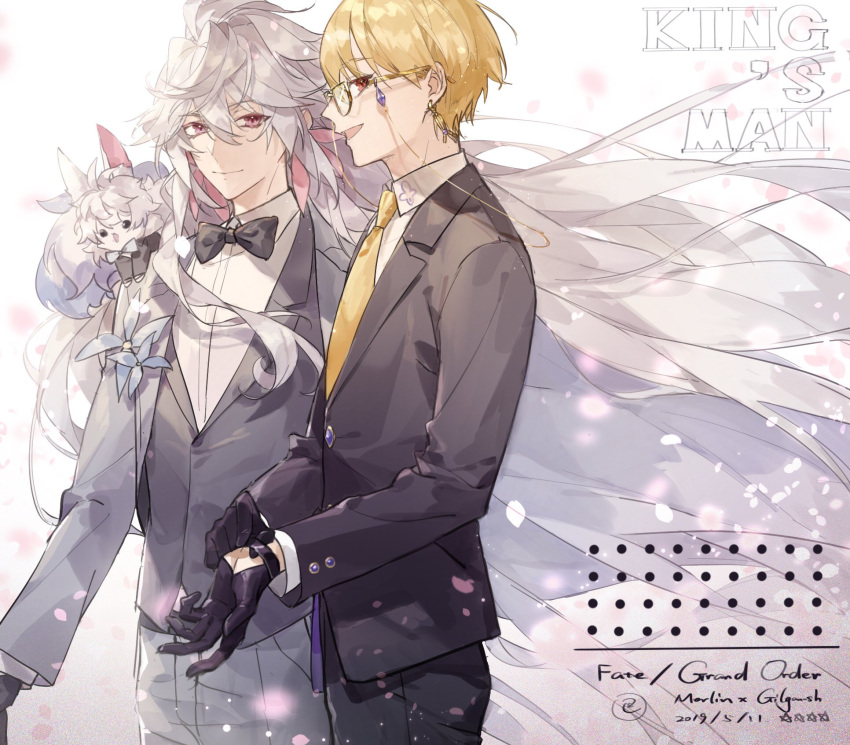 1other 2019 2boys ahoge alternate_costume background_text bangs black_bow black_bowtie black_gloves black_jacket blonde_hair blue_flower bow bowtie character_name collared_shirt creature dated e_(h798602056) earrings eyebrows_visible_through_hair fate/grand_order fate_(series) flower formal fou_(fate) gilgamesh_(fate) glasses gloves grey_jacket hair_between_eyes highres jacket jewelry long_hair looking_at_viewer looking_to_the_side male_focus merlin_(fate) multiple_boys necktie pants purple_eyes red_eyes shirt short_hair smile vest white_hair white_shirt yellow_necktie