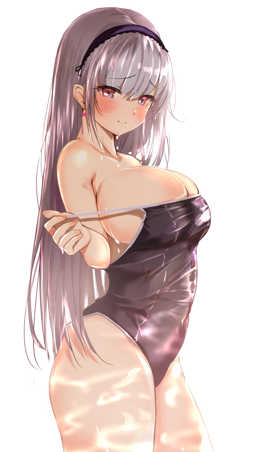 1girl absurdres azur_lane bangs bare_shoulders black_swimsuit blush breasts closed_mouth clothes_pull collarbone dido_(azur_lane) earrings eyebrows_visible_through_hair feet_out_of_frame from_side hairband heart heart_earrings highres huge_breasts jewelry long_hair looking_at_viewer looking_to_the_side nail_polish one-piece_swimsuit pulled_by_self purple_eyes purple_hair raru_(nanaharararu) school_swimsuit sideboob simple_background smile solo standing strap_pull swimsuit swimsuit_pull very_long_hair wet wet_clothes wet_swimsuit white_background