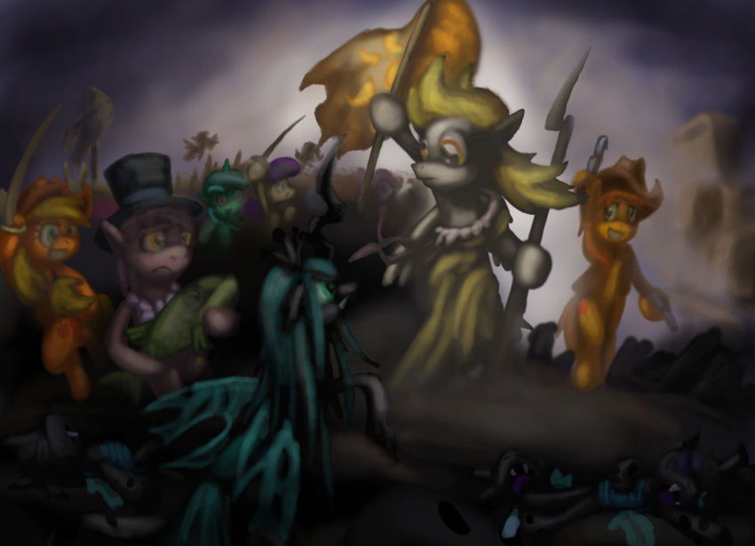 2012 absurd_res ambiguous_gender angry applejack_(mlp) arthropod battlefield blonde_hair bonbon_(mlp) braeburn_(mlp) cazra changeling clothing cowboy_hat crowd derpy_hooves_(mlp) detailed_background dress earth_pony equid equine fangs female feral fight fish flag friendship_is_magic group gun hair handgun happy hat headgear headwear hi_res holding_object holding_weapon horn horse inspired_by_formal_art lying lyra_heartstrings_(mlp) male mammal marine melee_weapon my_little_pony outside pegasus pony pose queen_chrysalis_(mlp) ranged_weapon revolver rifle smoke standing sword top_hat topwear unicorn vest walking war weapon wings