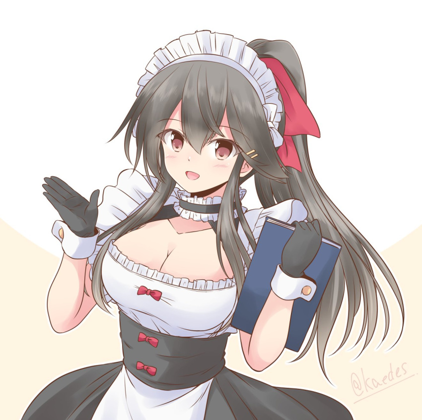 1girl alternate_costume alternate_hairstyle apron black_dress black_gloves black_hair breasts cleavage cowboy_shot dress enmaided frilled_apron frills gloves hair_ornament hairband hairclip haruna_(kancolle) haruna_kai_ni_(kancolle) highres icesherbet kantai_collection large_breasts long_hair looking_at_viewer maid maid_headdress menu one-hour_drawing_challenge ponytail solo stile_uniform waist_apron waitress white_apron wrist_cuffs