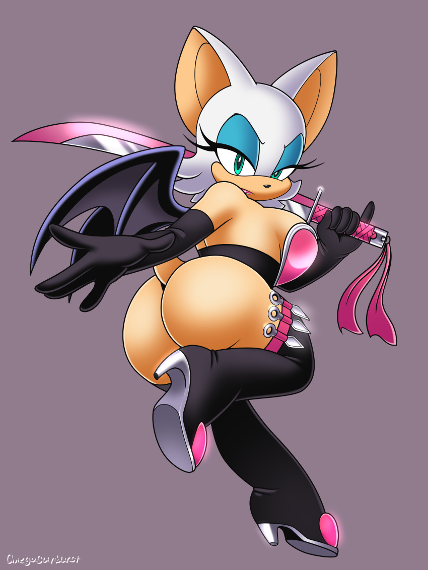 absurd_res anthro big_breasts big_butt breasts butt chiropteran female hi_res holding_katana holding_melee_weapon katana kunai looking_at_viewer looking_back looking_back_at_viewer mammal melee_weapon membrane_(anatomy) membranous_wings omegasunburst rouge_the_bat sega solo sonic_the_hedgehog_(series) sword weapon wings