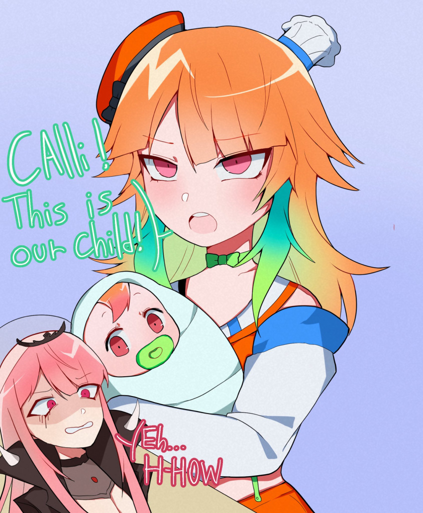 baby bow_choker chef_hat child clara_mori couple earrings fanfic feather_earrings feathers gradient_hair hat highres hololive hololive_english if_they_mated ips_cells jewelry maplemersh26 mori_calliope mother_and_child mother_and_daughter multicolored_hair orange_hair orange_headwear pink_hair shoulder_spikes spikes takanashi_kiara tiara veil virtual_youtuber wife_and_wife yuri