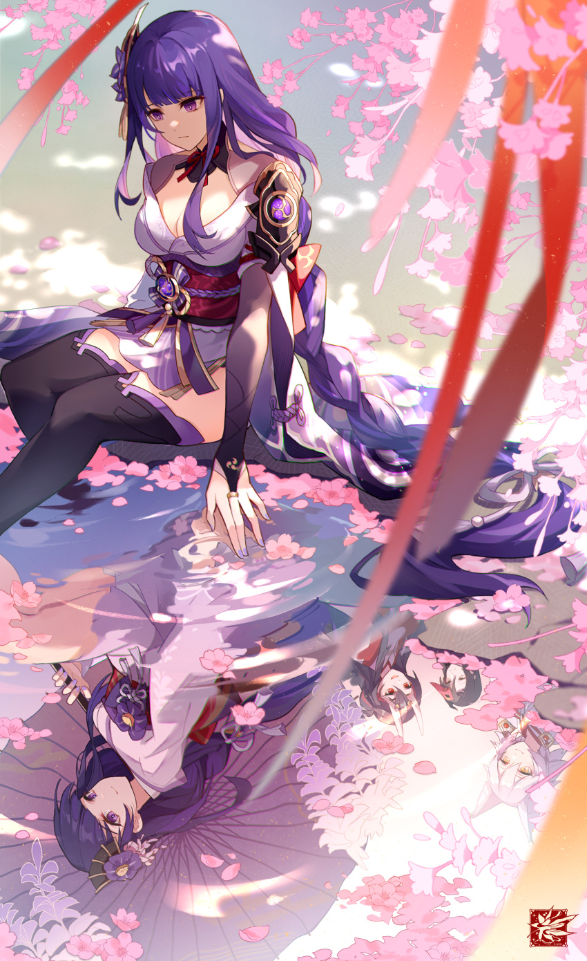 1boy 4girls absurdres animal_ears armor autumnlll black_hair braid cherry_blossoms chiyo_(genshin_impact) fox_ears genshin_impact hair_ornament highres horns japanese_clothes kimono kitsune kitsune_saiguu long_braid long_hair makoto_(genshin_impact) mask multiple_girls oni oni_horns purple_hair raiden_shogun sasayuri_(genshin_impact) shoulder_armor tengu tengu_mask thighhighs umbrella water white_hair