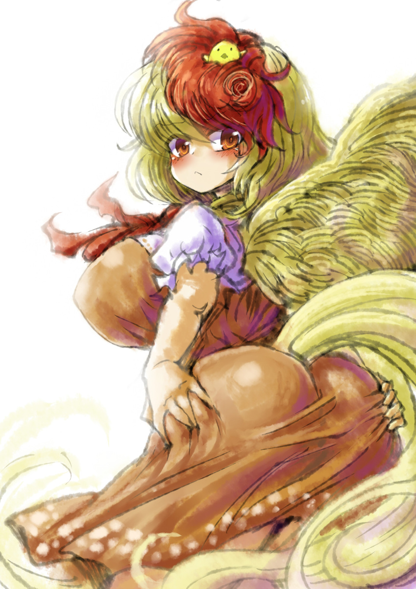 2b-ge animal_on_head ass bird bird_on_head bird_tail bird_wings blonde_hair breasts brown_dress chick chicken dress feathered_wings highres large_breasts multicolored_hair niwatari_kutaka on_head orange_dress red_hair red_neckwear shirt tail tail_feathers touhou two-tone_hair white_shirt wings yellow_wings